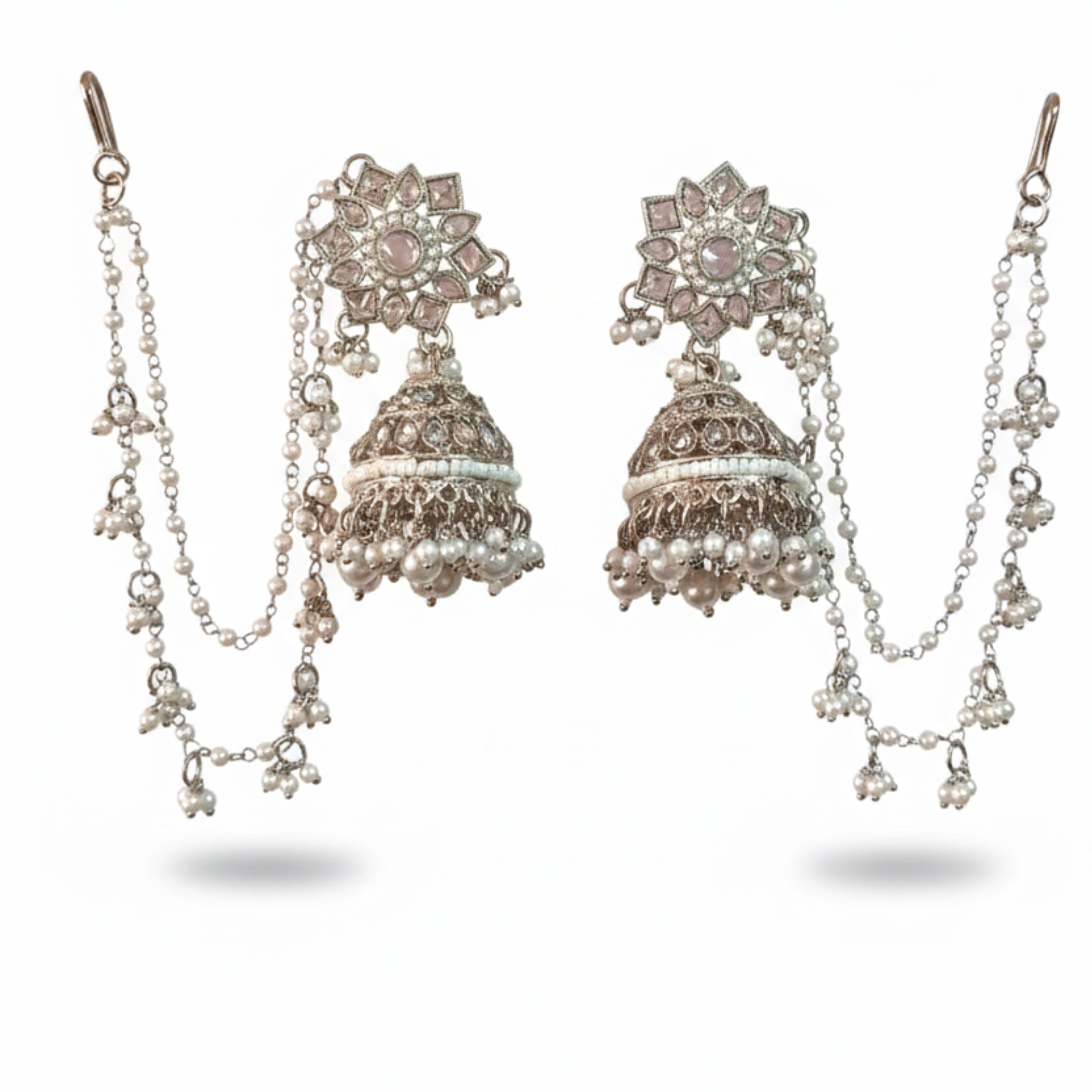 Silver Bahubali Jhumka Earrings with Pearl Sahara Chains
