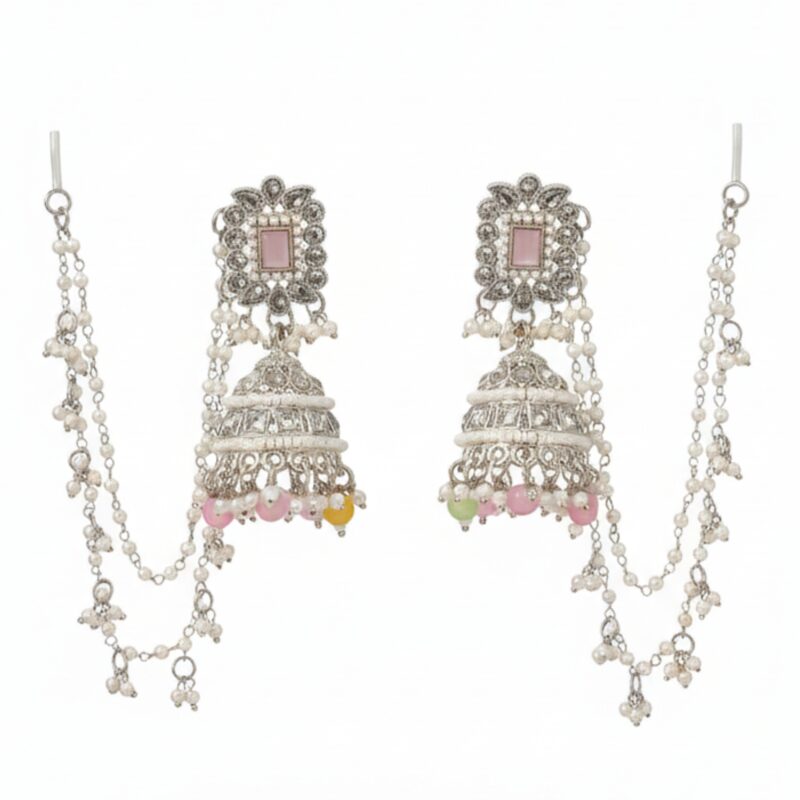Silver Plated Ethnic Earrings with Multi-Color Bead Drops