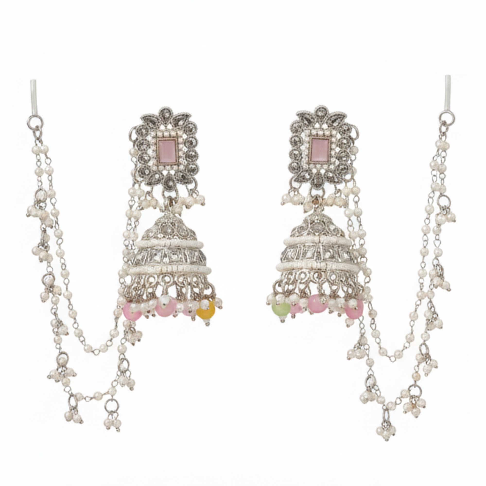 Silver Plated Ethnic Earrings with Multi-Color Bead Drops