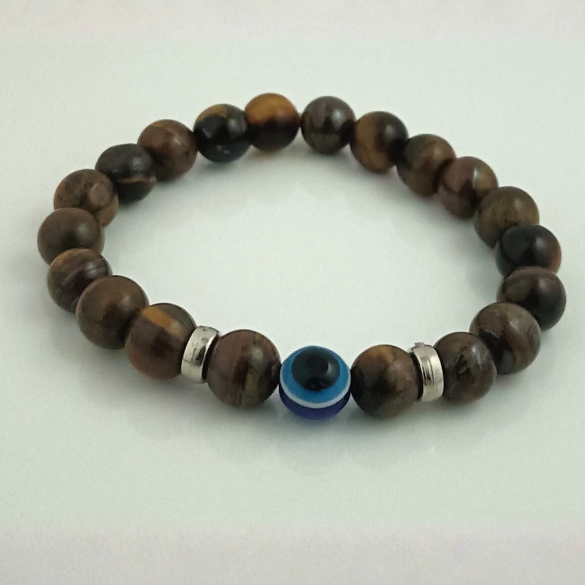 Trendy Brown Tiger Eye Stone Bead Bracelet with Blue Evil Eye Charm